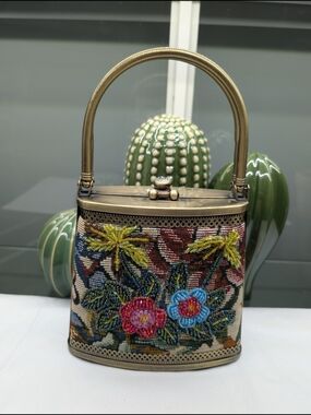 Floral Beaded Vintage Metal Top Handle Handbag NWOT
